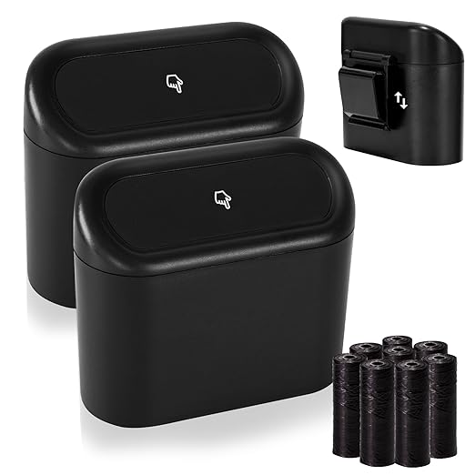 Ginsco 2 Pack Mini Car Trash Can with Lid, Small Car Garbage Can, Cute Leakproof ABS Trash Bin, Cars Accessories for Interior, Garbage Bin for Car, Home, Office with 120pcs Trash Bags Black