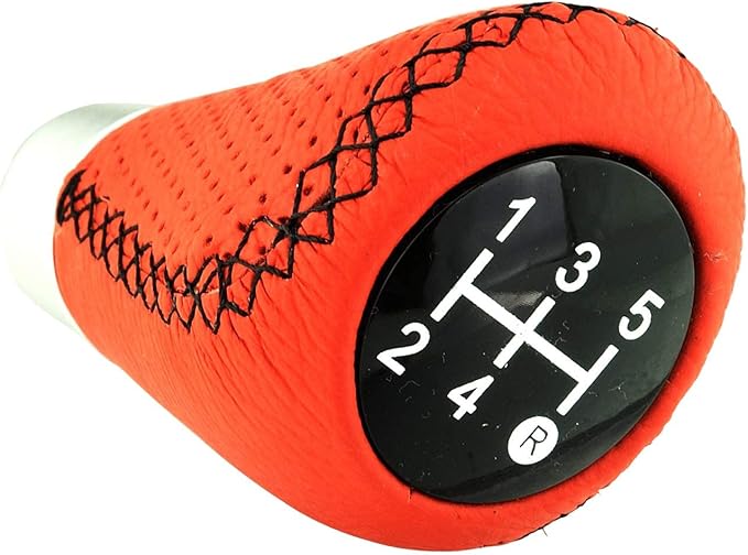 Lunsom 5 Speed Shift Knob, Leather Gear Shifter Knob Alloy Shifting Lever Head Handle Shifting Replacement Head Fit Manual Transmission Vehicles (Red)