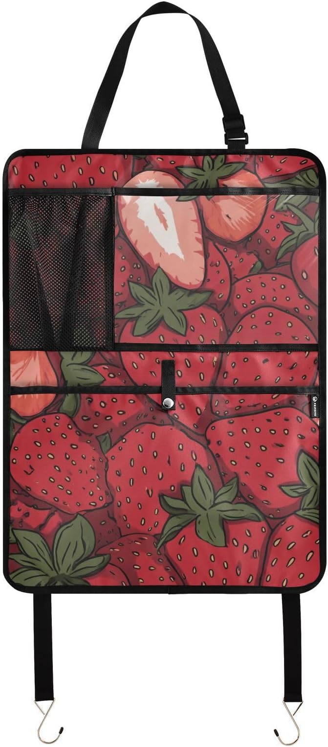 1 Pack Back Seat Car Organizer with Storage Pockets Kick Mats Back Seat Protector Hanging Car Organizer Automotive Seat Back Cover Organizers Cartoon Red Strawberry