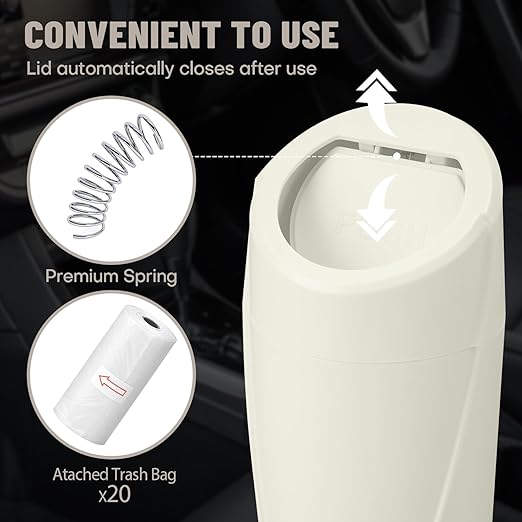 Car Trash Can Bin with Lid - Car Garbage Can Cup Holder - Light Beige Mini Leakproof Vehicle Garbage Bin with 40pcs Trash Bags-Automotive Organizers and Storage for Front Back Seat Accessories
