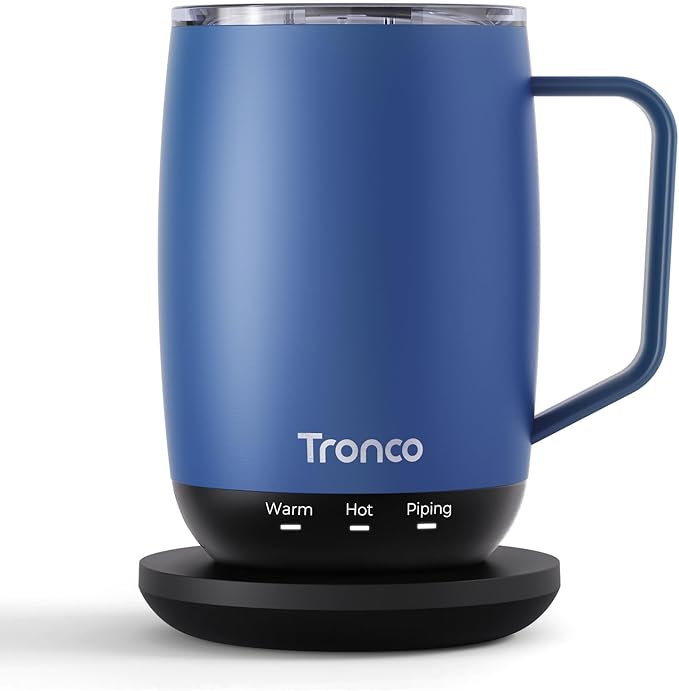 Tronco Temperature Control Heated Coffee Mug 14 oz – Rechargeable Self-Heating Coffee Mug with Lid – Manual Control, 3 Modes, 130 Min Battery Life, Auto Shut-Off (Blue)