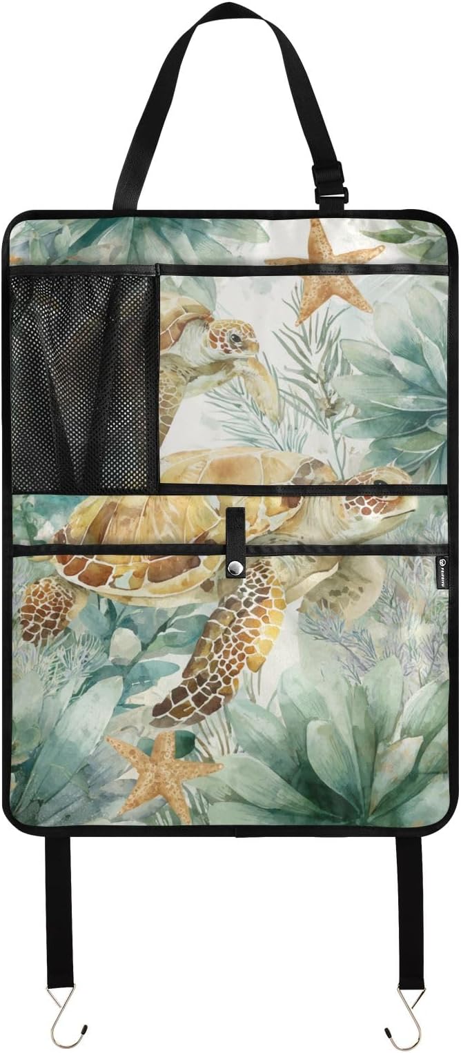 1 Pack Back Seat Car Organizer with Storage Pockets Kick Mats Back Seat Protector Hanging Car Organizer Automotive Seat Back Cover Organizers Sea Turtle Starfish Plants