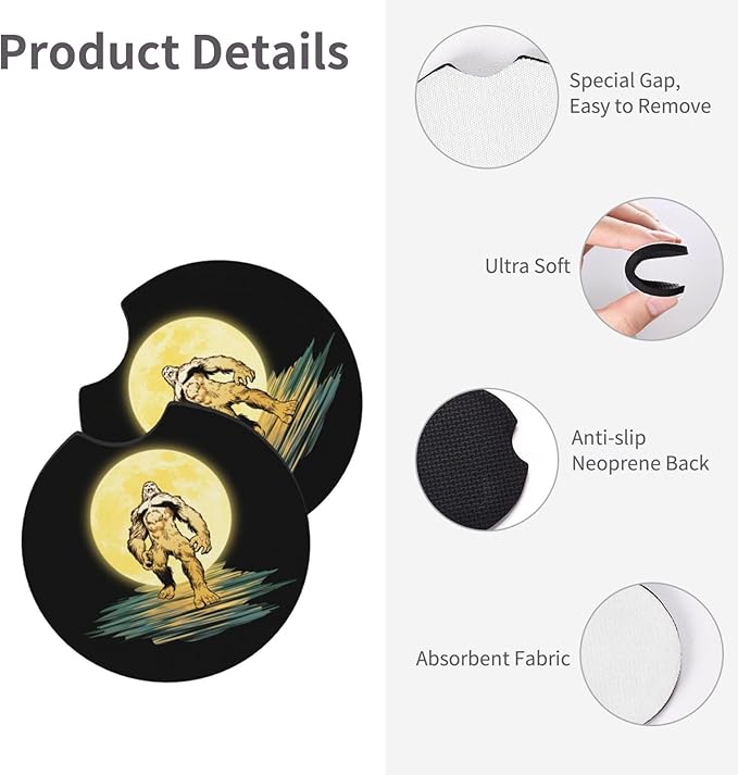 Moon Bigfoot Sasquatch Car Coasters for Cup Holders Pack of 2 Neoprene Cup Mat Pad Vehicle Interior Accessories for Men Women
