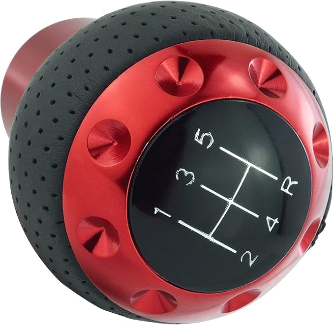 Lunsom 5 Speed Leather Shift Knob, Manual Transmission Handle Ball Gear Stick Shifter Head Fit Most Transmission Vehicle (Red&Black)