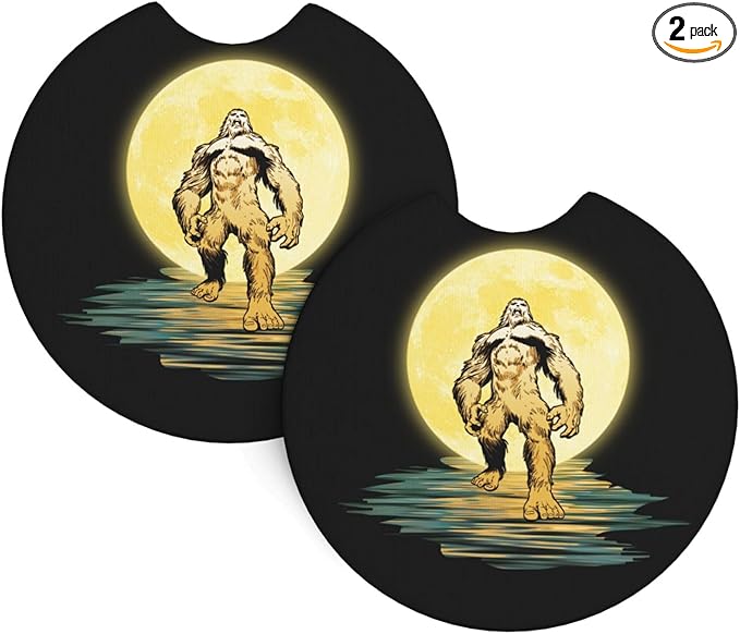 Moon Bigfoot Sasquatch Car Coasters for Cup Holders Pack of 2 Neoprene Cup Mat Pad Vehicle Interior Accessories for Men Women