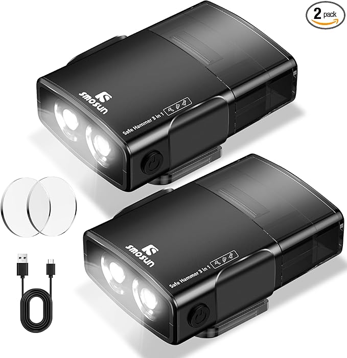 Upgraded Safe Hammer Glass Breaker Under Water, 3 in 1 Car Hammer Seatbelt Cutter Window Breaker Emergency Escape Tool, with Flashlight, Glass Breaker for New Cars (Black 2PCS)