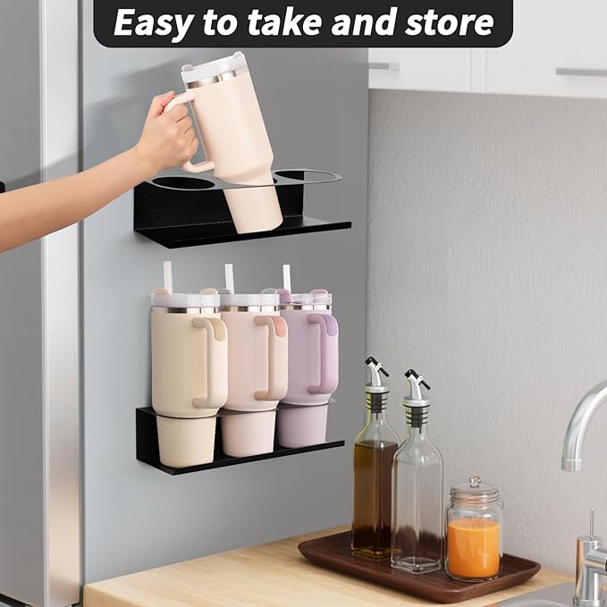 2 Pack Strong Magnetic Cup Holder for Refrigerator, Metal Tumbler Water Bottle Organizer with Lid Holder for 30/40 OZ Stanley Cup, Flexible Tumbler Racks for Kitchen Cabinet Metal Surface