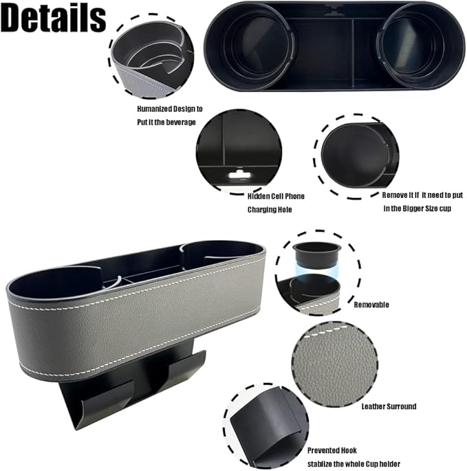 Car Cup Holder Expander Organizer,Multifunctional Cup Drink Holders with PU Leather Cover,Side Insert Center Console Seat Gap Filler Storage Box for Mug Bottle CellPhones Coffee Coasters Cards