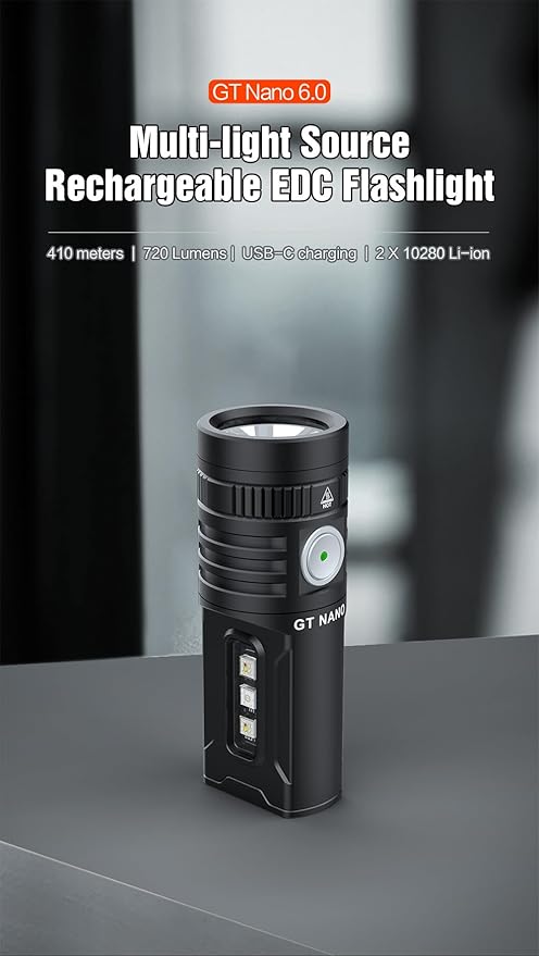 LUMINTOP GT Nano 6.0 Powerful Mini Thrower Flashlight, 720 Lumens with 410m Beam Distance, USB-C Charging, RGBW & UV Side LEDs, Magnetic Tailcap, IPX-8 Waterproof, Compact EDC Flashlight