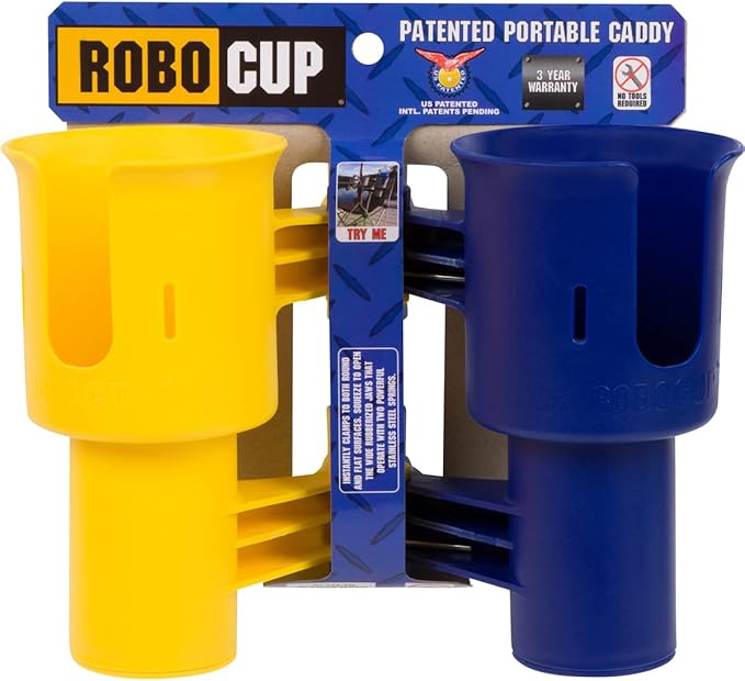 ROBOCUP, Patented Boat Cup Holder, Clamp on Portable Storage Caddy Securely Holds 2 Drinks, Fishing Poles, Tools, Marine Gear | Perfect for Boating, Beach Umbrellas, Golf Carts