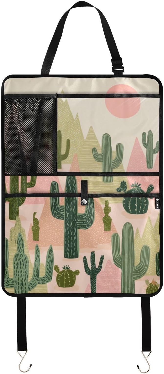 1 Pack Back Seat Car Organizer with Storage Pockets Kick Mats Back Seat Protector Hanging Car Organizer Automotive Seat Back Cover Organizers Boho Cacti Mountains Sun
