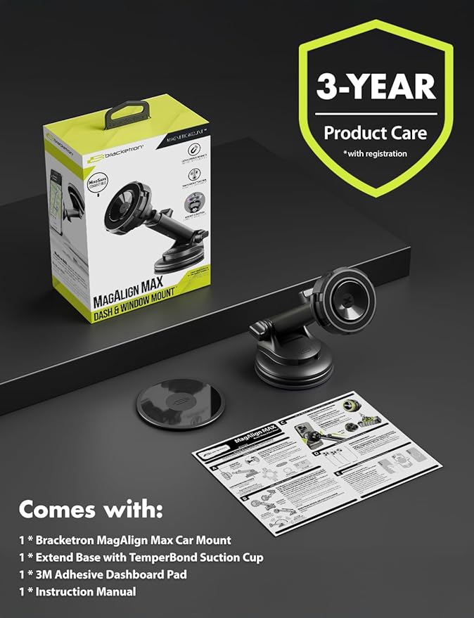 Bracketron MagSafe Car Mount,MagAlign Max Magnetic Phone Holder for Car Windshield & Dashboard,360 Vacuum Suction Magnetic Car Phone Holder for iPhone 17 Pro Max 16 15 14 13 - MagSafe Car Accessories