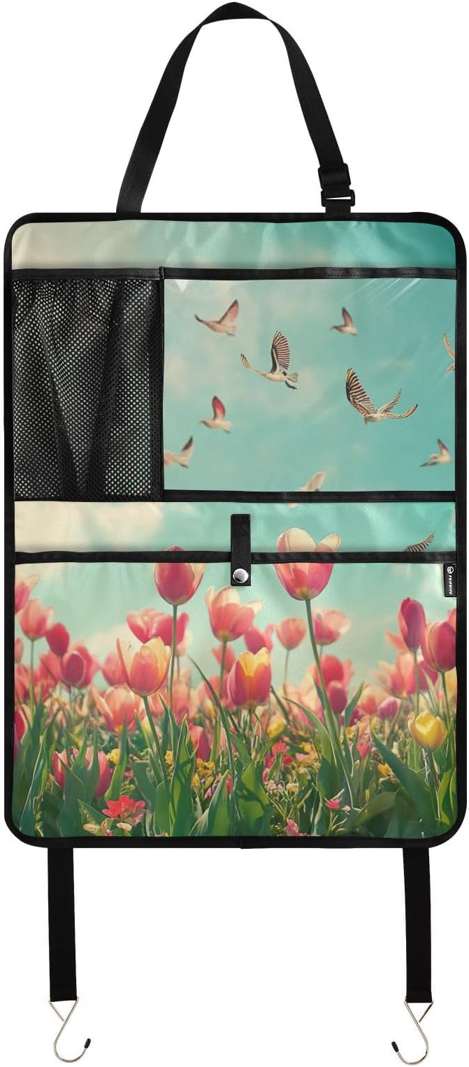 Beautiful Spring Tulips and Herringbone Birds 1 Pack Backseat Car Organizer with Storage Pockets Seat Back Organizers for Kids Kick Mats Backseat Protector Automotive