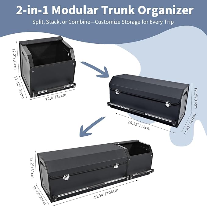 Car Trunk Organizer, Leather Trunk Organizer for SUV with Lid and Sturdy Handle Collapsible Adjustable Storage (Black, 41.6 x 11.4 x 12.2in)
