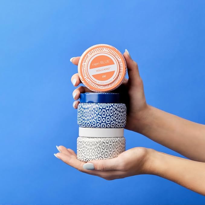 Capri Blue Volcano Printed Travel Tin Jar Candle - Luxury Candle with a Long Lasting Soy Wax Blend - Scented with Tropical & Fruity Fragrance (Blue Color, 8.5 oz)