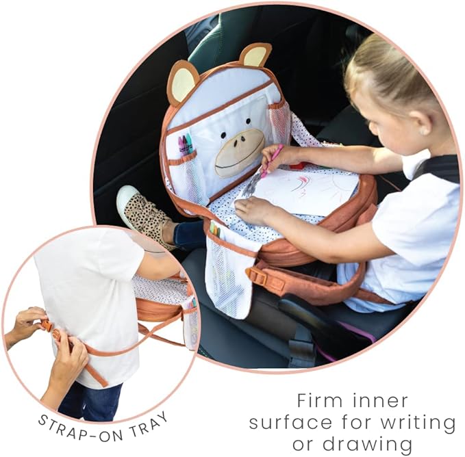 Lulyboo Toddler Car Seat Tray & Backpack - Multipurpose Travel Lap Desk with Built-in Cup Holder, 8 Storage Pockets, Waterproof Cover, Animal Unicorn Design, Inflatable Airplane & Car Travel Accessory