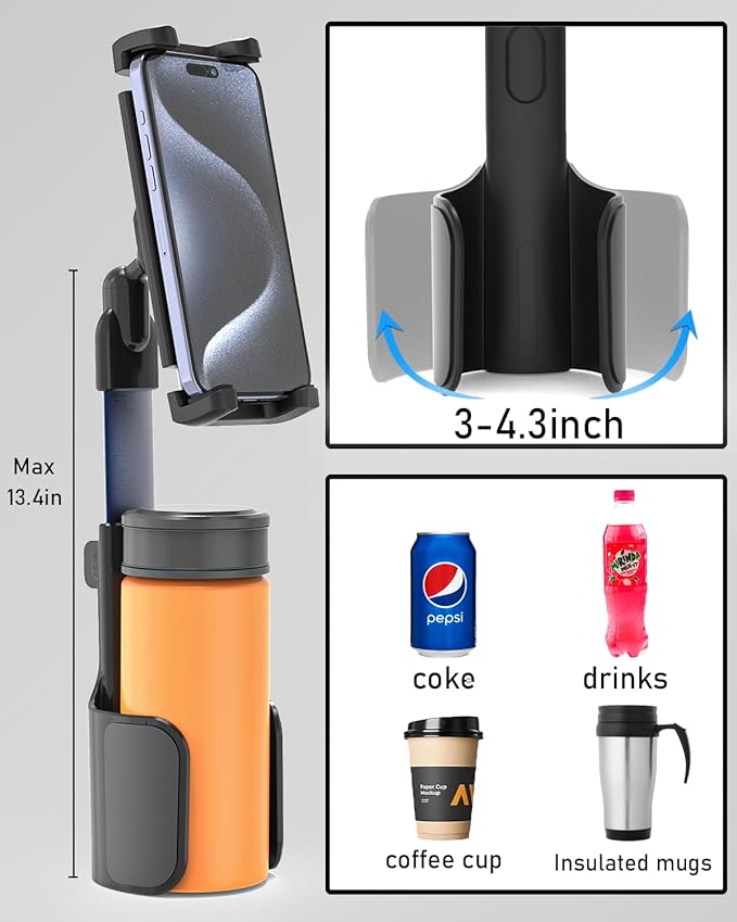 3 in 1 Car Tablet Cup Holder, Car Cup Tablet Mount for Car/Truck, Car Travel Essentials, Compatible with iPad Pro Air Mini, Fire HD, iPhone 16, Galaxy S24 Z Fold 5 or Other 4.7-12.9" Devices