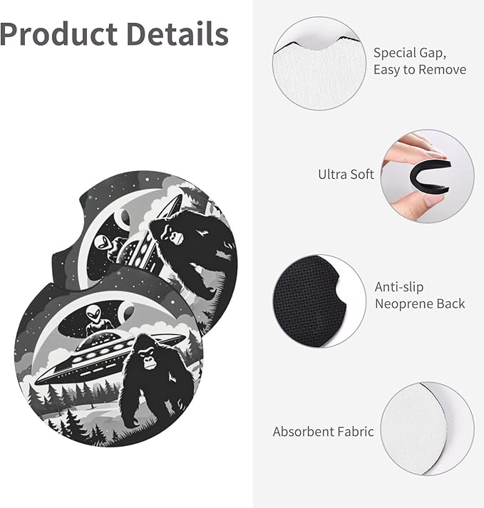 UFO Alien and Bigfoot Car Coasters for Cup Holders Pack of 2 Neoprene Cup Mat Pad Vehicle Interior Accessories for Men Women