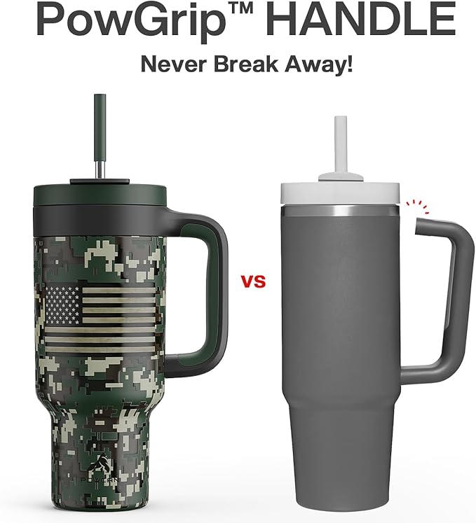 40 oz Camo Tumbler with Handle, 2-in-1 Straw and Sip Lid, Leakproof, Dishwasher Safe, Insulated Stainless Steel Travel Coffee Mug, Keeps Cold for 34 Hours, Fits in Car Cupholder (Woodland Flag)