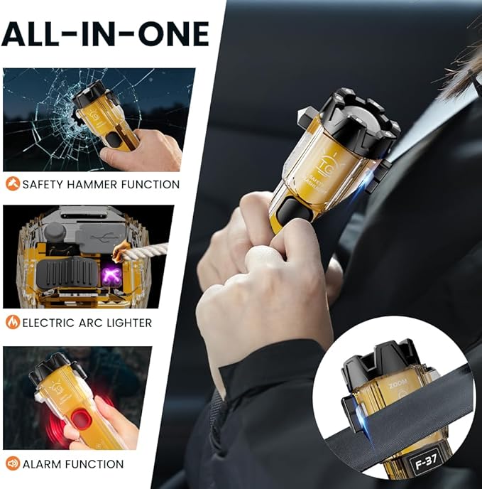 Car Flashlight Emergency Kit, 3000LM Flashlight with Window Breaker & Seatbelt Cutter, Multifunctional Safety Hammer for Vehicle, Rechargeable with SOS Strobe, USB-C Charger, Rescue Tool for Car