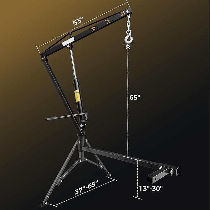 1000lbs Receiver Hitch Mounted Hydraulic 360° Swivel Truck Crane with 3 Boom Capacity Options: 500lbs, 750lbs, 1000lbs. Ideal for Workshops, Construction, Agriculture, and Logging, Black