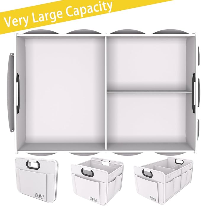 Homeve Car Trunk Organizer, Car Storage, Reinforced Handles, Collapsible Multi-Compartment Car Organizers (White, 2 Compart)