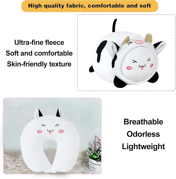 Kids Travel Pillow - 2-in-1 Deformable Kids Neck Pillow for Traveling, Soft U-Shaped Pillow with Adorable Animal Design, Comfy Sleep and Play, Ideal for Airplanes and Traveling (QQ Milk Cow)