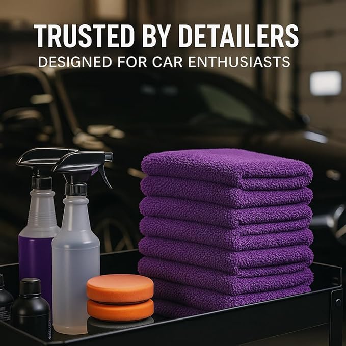 10 Pack Pak Details Edgeless Microfiber Towels for Cars | 16x16 Ultra-Soft, Scratch-Free & Lint-Free Car Detailing Microfiber Cloths for Buffing & Coating | Purple Seamless Finish Auto Cleaning Rags