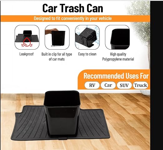 Car Trash Can Leakproof Mini Auto Organizers Storage Bin Container for Cars & Trucks with Floor Mat Clip Medium 2 Liters Capacity Black