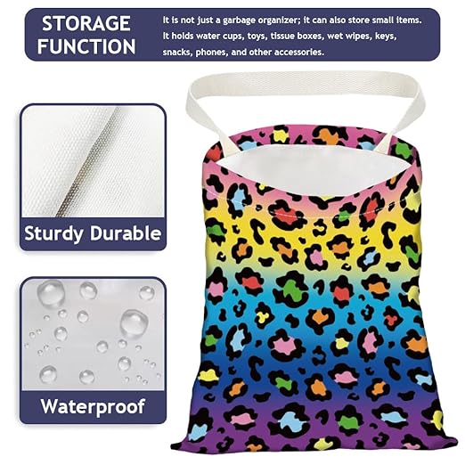 Colorful Leopard Print Car Trash Bag Hanging Garbage Bag with Snap Buttons Car-Back Seat Trash Storage Portable Dustbin for Men Women Car Interior Accessories Travel Camping