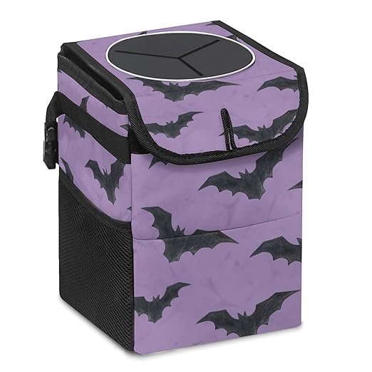 Purple Goth Bat Car Trash Can with Lid - Collapsible Reusable Waterproof Garage Bag,Automotive Garbage Can,Car Accessories Interior Organizer