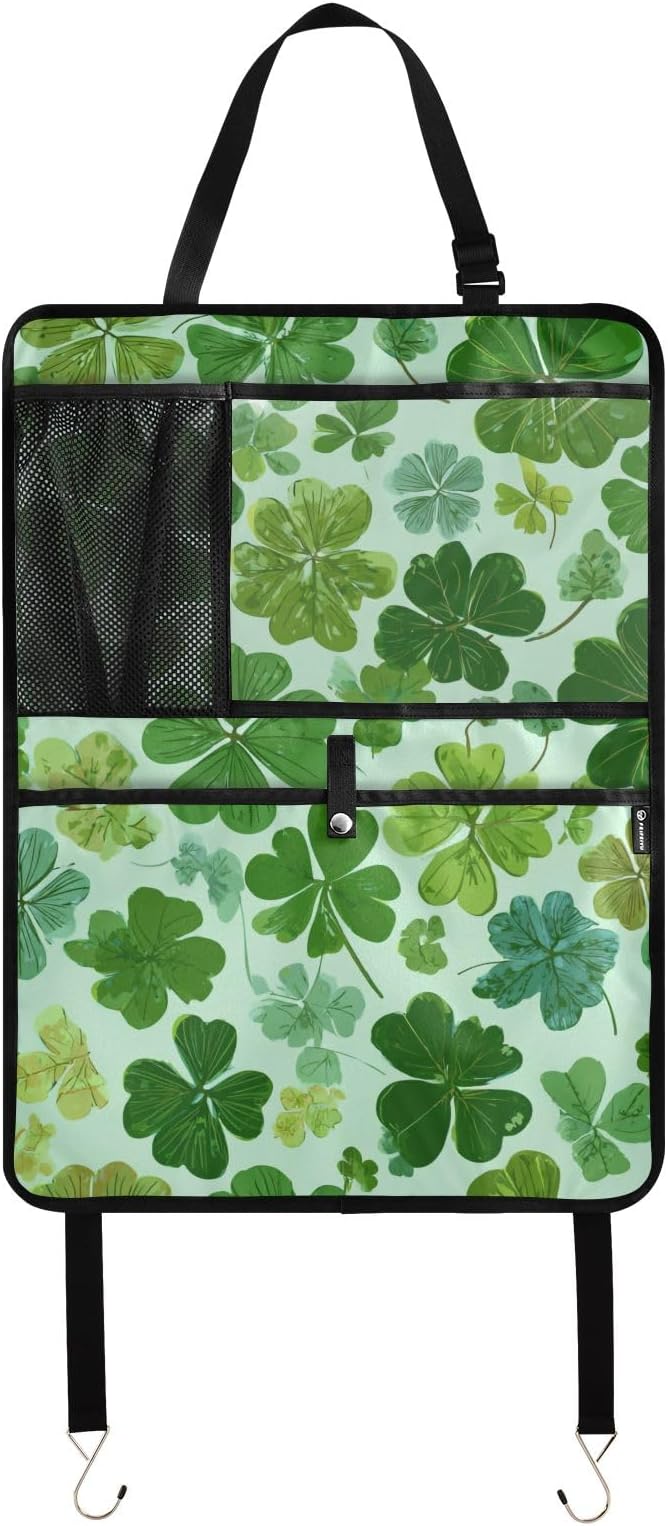 1 Pack Back Seat Car Organizer with Storage Pockets Kick Mats Back Seat Protector Hanging Car Organizer Automotive Seat Back Cover Organizers Green Nature St Patrick Clovers