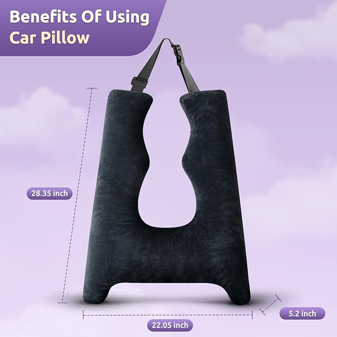 Car Pillow for Kids, Travel Pillow with Adjustable Strap, U-Shaped Pillow for Adults and Children to Support Head and Body Road Trip Essentials (Dark Black)