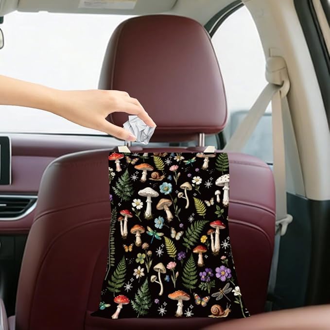 Mushroom Car Trash Can Floral Car Trash Bag Hanging Plants Snails Pattern Polyester Washable Waterproof Organizer Storage Can for Vehicle Interior Travel Accessories Reusable Leak Proof
