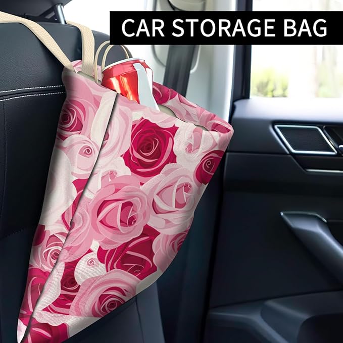 Car Trash Can, Cute Car Trash Bag, Hanging Car Organizer and Storage Bag, Trash Bin for Car Accessories, Vehicle, Travelling, Camping Red Pink Roses