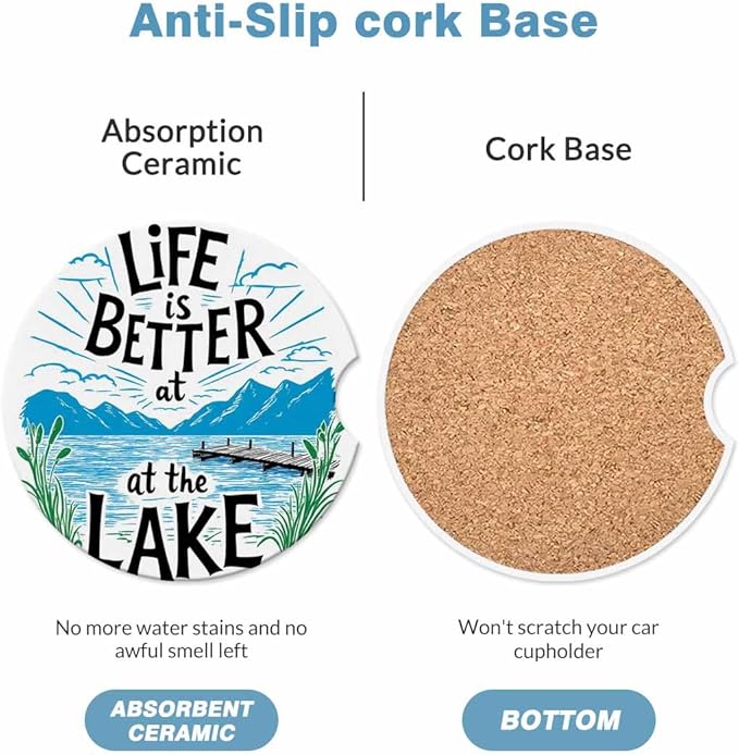 Life is Better at The Lake Car Coasters for Cup Holders Car Cup Holder Coasters 2 Pack for Car, Anti Slip Ceramic Car Cup Mat with Finger Notch Cute Car Interior Accessories for Women Men