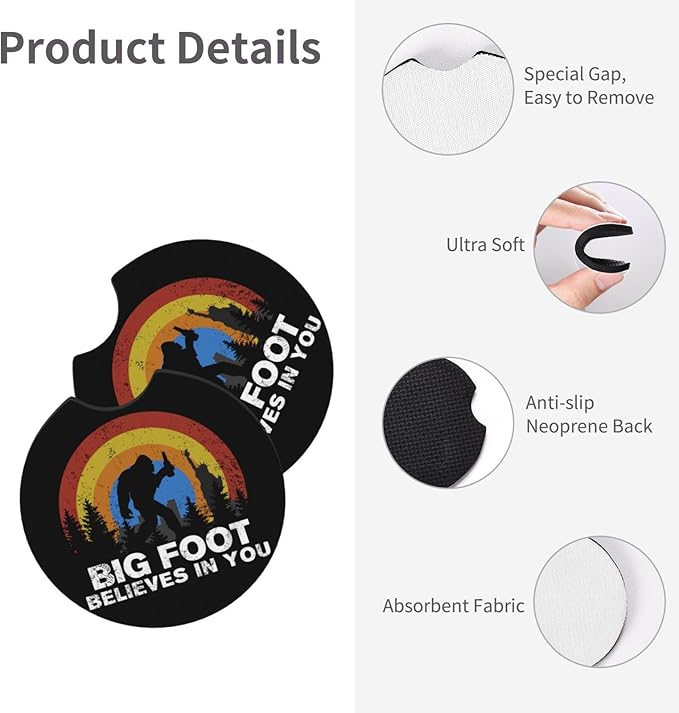 Bigfoot Believes in You Car Coasters for Cup Holders Pack of 2 Neoprene Cup Mat Pad Vehicle Interior Accessories for Men Women