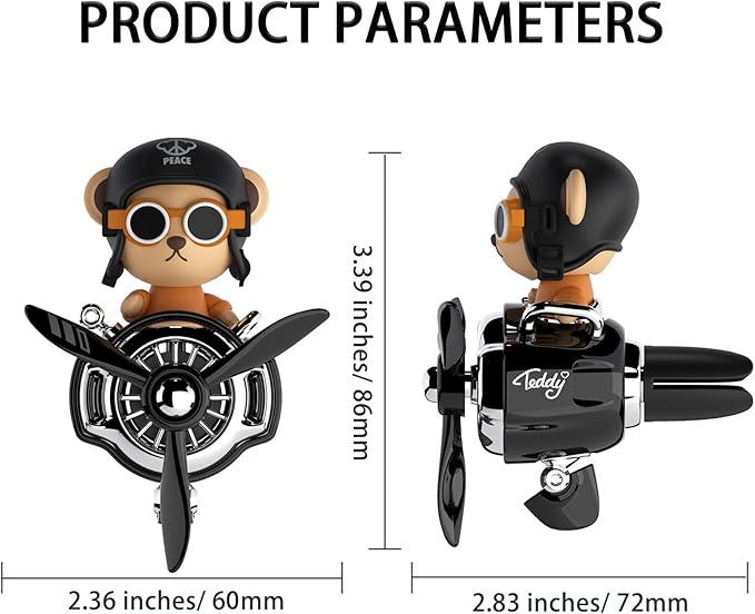 Pilot Car Air Freshener, Cute Bear Car Vent Clip Air Freshener Automotive Air Outlet Fan Diffuser, Automotive Interiors Vent Decoration (Shake Head Style - Black)