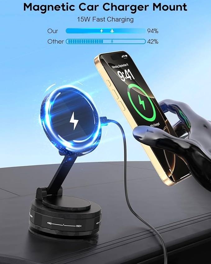 Wireless Car Charger,Strong Magnetic Phone Holder, [15W Wireless Faster Charging],360° Adjustable Foldable Phone Holder for Car/Mirror/Smooth Surface Compatible with iPhone 17 Pro Max/17 Air/16 Pro/15