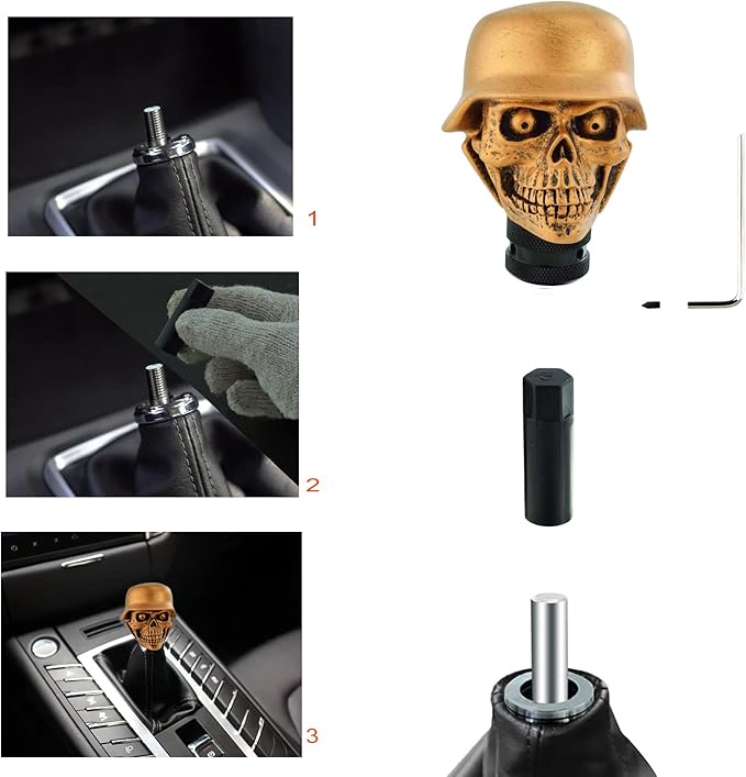 Lunsom Skull Gear Shifter Knob, Soldier Car Shift Stick Handle Shifting Head Transmission Fit Most Automatic Manual Vehicle (Bronze)