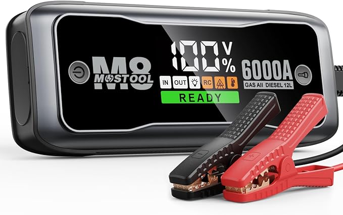 MOSTOOL M8 6000A Car Battery Jump Starter with Smart HD Display PD 60W Fast Charging, 12V Battery Jump Pack, Portable Jump Box with Jumper Clamps LED Light, Rugged Kit for All Gas & Up to 12.0L Diesel