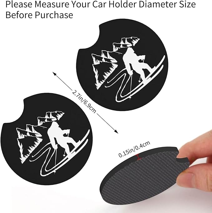 Bigfoot Skiing Car Coasters for Cup Holders Pack of 2 Neoprene Cup Mat Pad Vehicle Interior Accessories for Men Women
