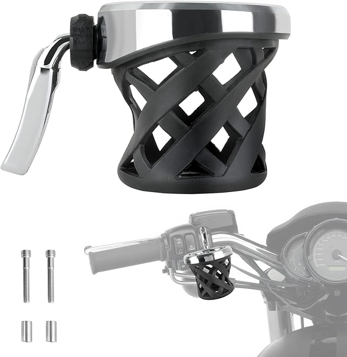 DREAMIZER Motorcycle Handlebar Drink Cup Holder Mount Water Bottle Holder with Mesh Basket Compatible with Harley Touring Road Glide Street Electra Glide Softail XL883 1200 1996-up, Chrome