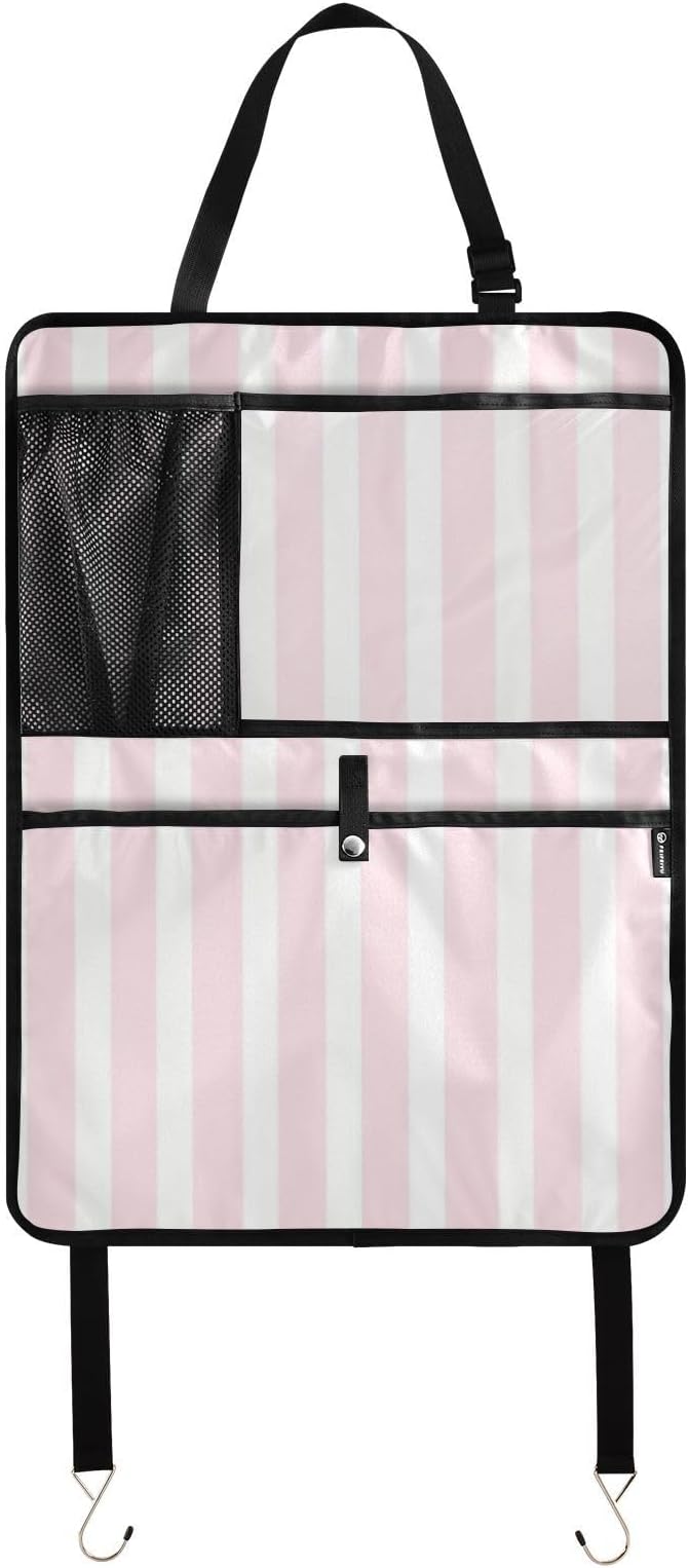 Pink and White Stripes 1 Pack Backseat Car Organizer with Storage Pockets Seat Back Organizers for Kids Kick Mats Backseat Protector Automotive