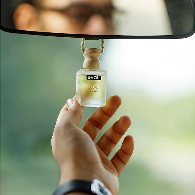 Evair Hanging Car Air Freshener | Car Accessories Interior | Car Perfume Aroma with Essential Oils Fragrance in Glass Bottle with Wooden Diffuser Lid | 10 ml- Pack of 2 (Sandalwood & Ocean Rush)
