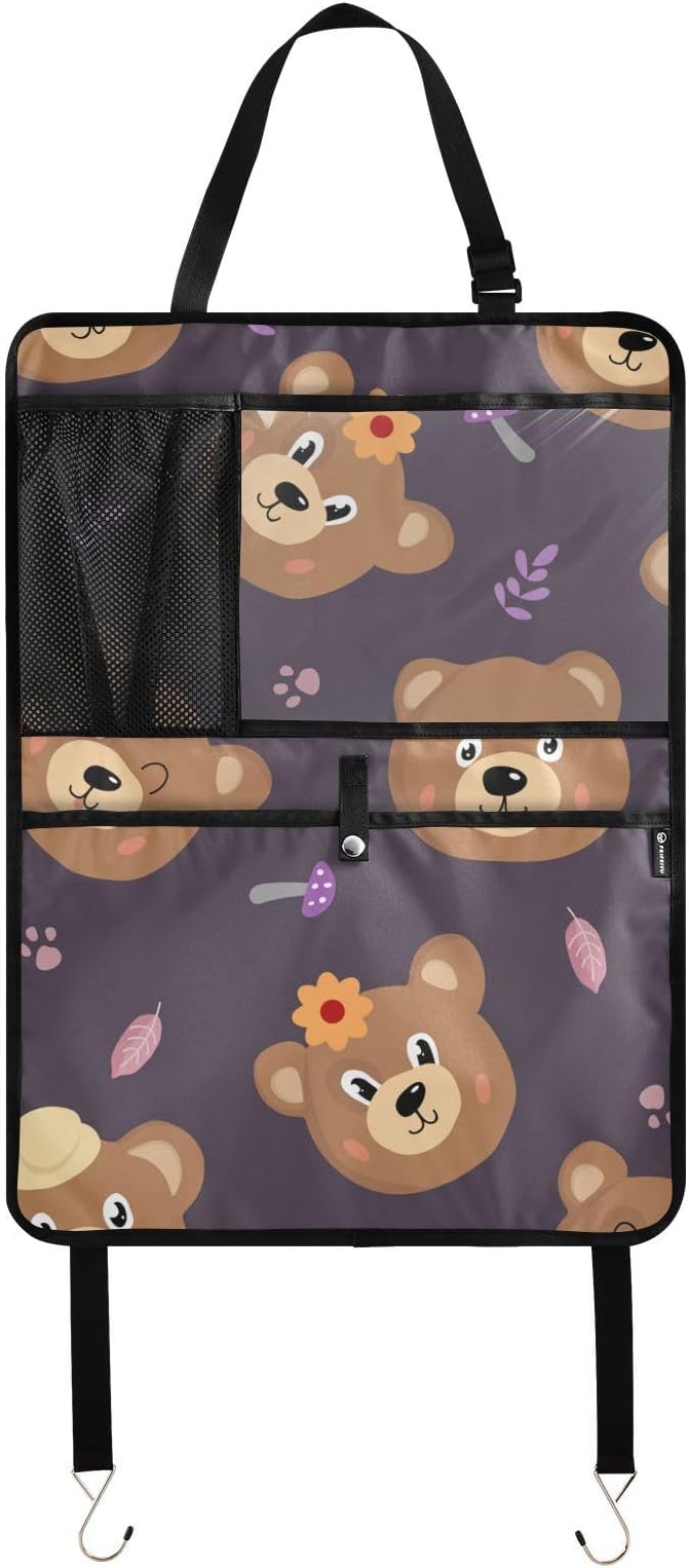 2 Pack Backseat Car Organizer with Storage Pockets Seat Back Organizers for Kids Kick Mats Backseat Protector Automotive Cute Bear Brown