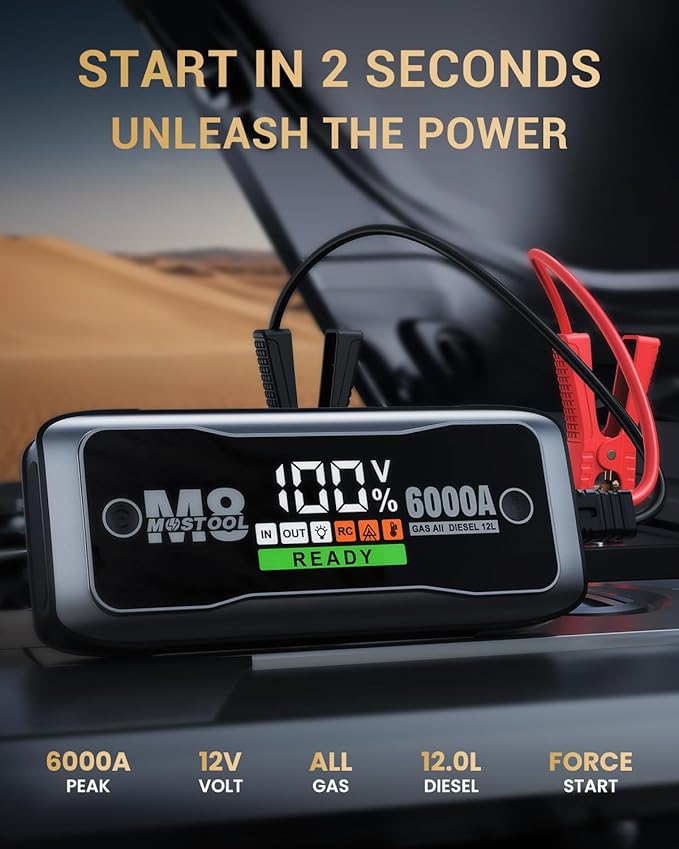 MOSTOOL M8 6000A Car Battery Jump Starter with Smart HD Display PD 60W Fast Charging, 12V Battery Jump Pack, Portable Jump Box with Jumper Clamps LED Light, Rugged Kit for All Gas & Up to 12.0L Diesel