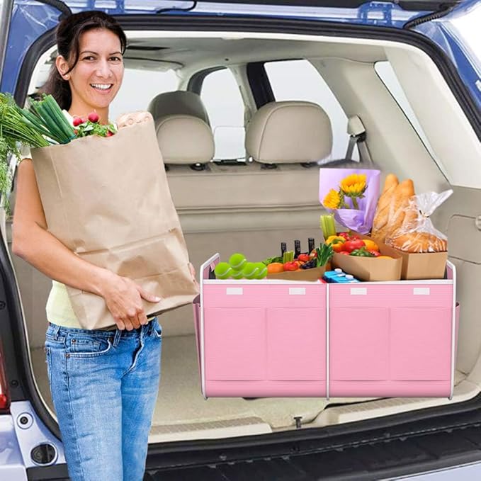 Homeve Car Trunk Organizer, Car Storage, Reinforced Handles, Collapsible Multi-Compartment Car Organizers (Pink, 2 Compart)