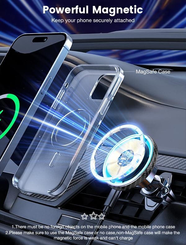 MOKPR for Magnetic Car Mount Charger-15W Wireless Car Charger-Magnetic Car Phone Holder for Dash Air Vent-LED RGB HandsFree Car Mount Fast Car Charger for iPhone 14/13/12 Series Carbon Fiber