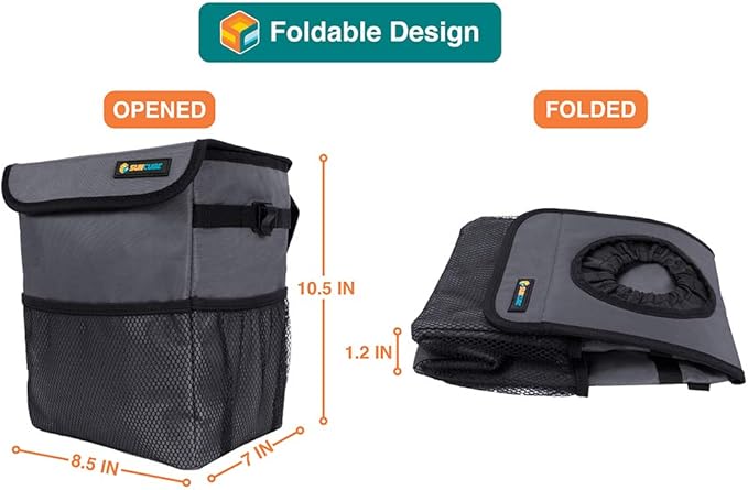 SUN CUBE Waterproof Car Trash Can with Lid, Mesh Pockets | Leakproof Car Garbage Can Hanging | Auto Trash Bin, Garbage Bag Organizer for Headrest, Console, Truck (Dark Gray)